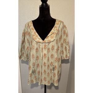 Wonderly Linen Blend Women Boho Peasant Top Size XXL Sage Rust Orange And Floral